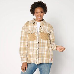 Peace Love World Plaid Button-Front Long Sleeve Shacket - Sz L a664021